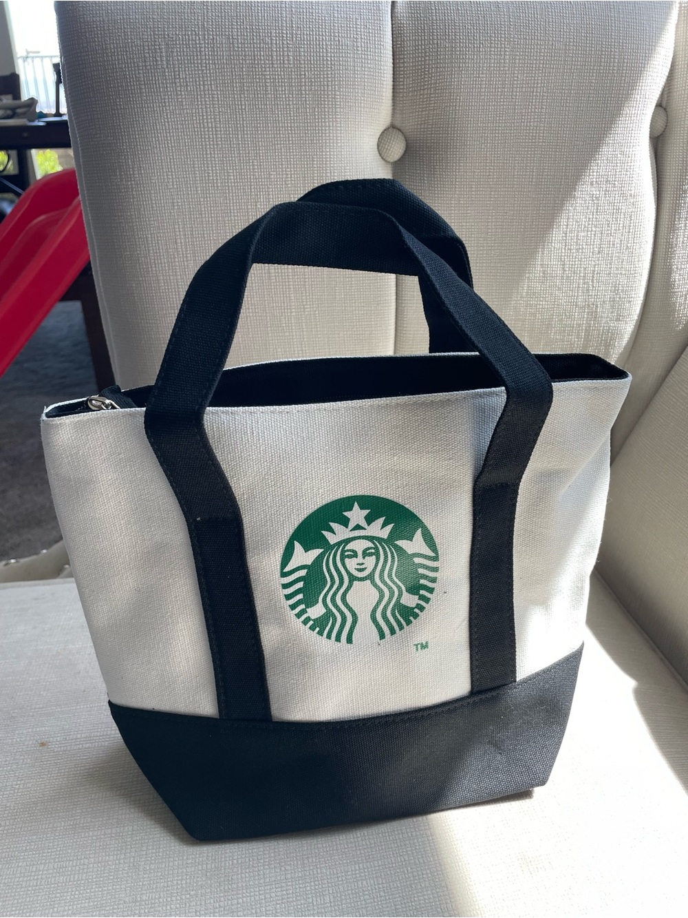 Starbucks White and Black Canvas Tote with Green Logo